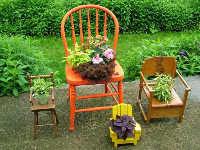 idé blomkruka stå stolar trä trädgård design