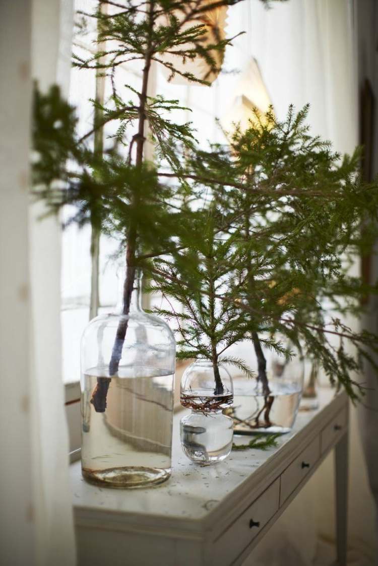 deco fönsterbräda vintergröna deco vaser idé naturliga material