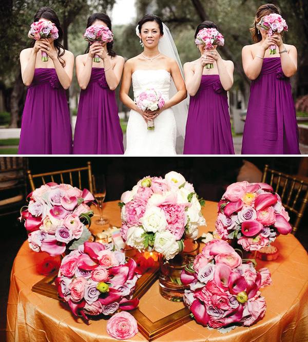 glamorös bröllop brud brudklänning lila brudtärna