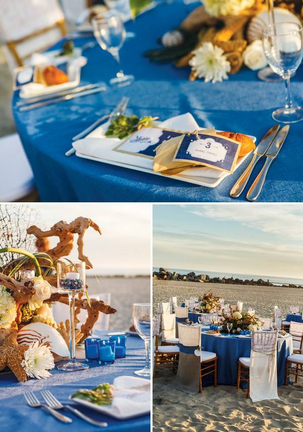 Beach bröllop romantik blå duk plats kort