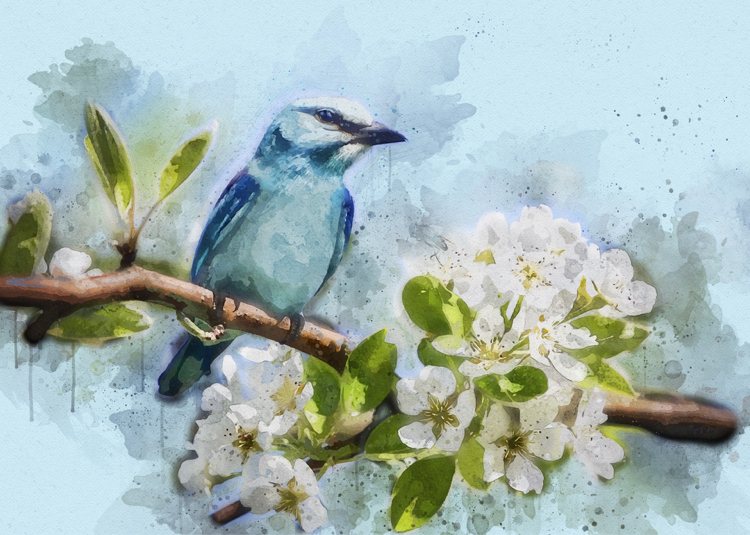 Väggmålningar idéer vårmotiv blommande trädfågelblå toner