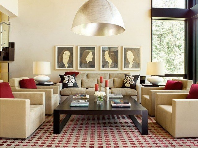 vardagsrum-design-bilder-matta-golv-rött-mönster-retro-chic-möbler