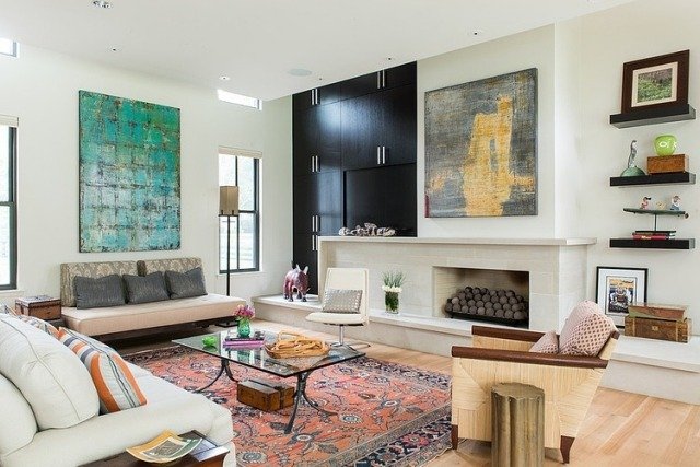 idéer-vardagsrum-dekoration-eklektisk-kilim-orientalisk-abstrakt-väggkonst