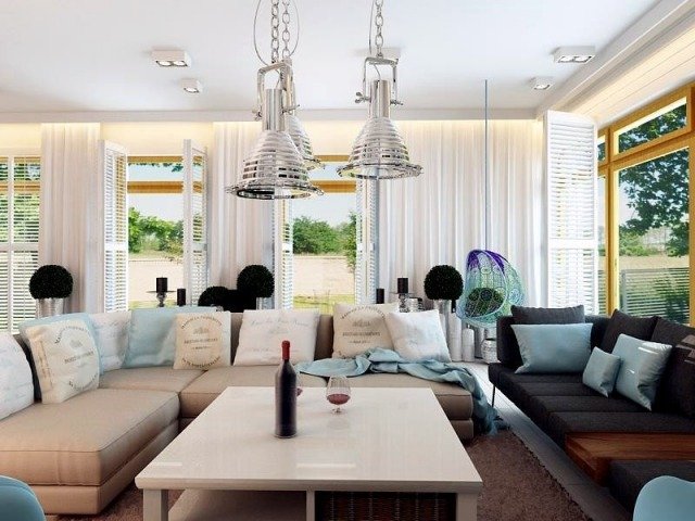 vardagsrum-hängande-lampor-metall-design-hängande-stolar-vita gardiner