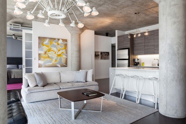 Design vardagsrum ljusgrå-betong tak-pelare-trä-köksfronter