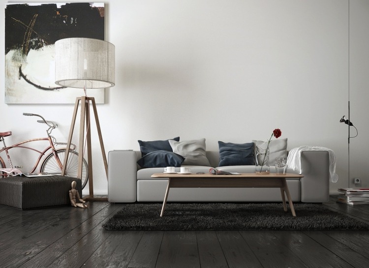 möbleringsidéer-vardagsrum-mysig-modern-miniatyr-design-soffa-golvlampa-bild-monokrom
