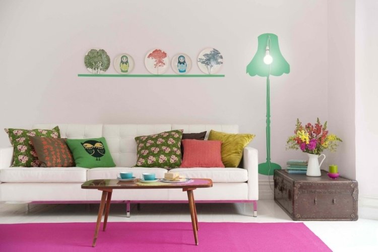 inredning idéer-vardagsrum-mysig-modern-kreativ-färgad-accenter-rosa-grön-lampa