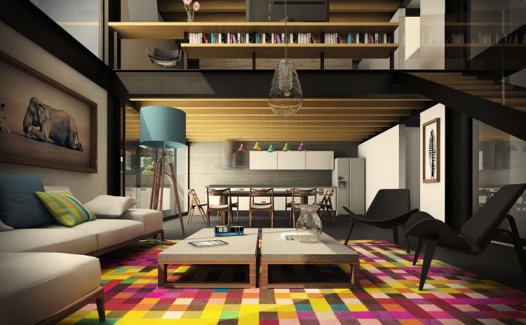 möbleringsidéer-vardagsrum-mysig-matta-pixel-färgad-färgrik-grå-möbler-öppet-kök