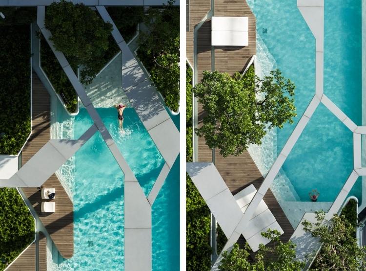 Trädgårdsskötsel och landskapsarkitektur -pool-geometriska-former-modern-design-vita-växter-träd