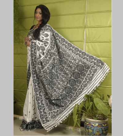 White Assam Silk Saree With Kalki Motifs