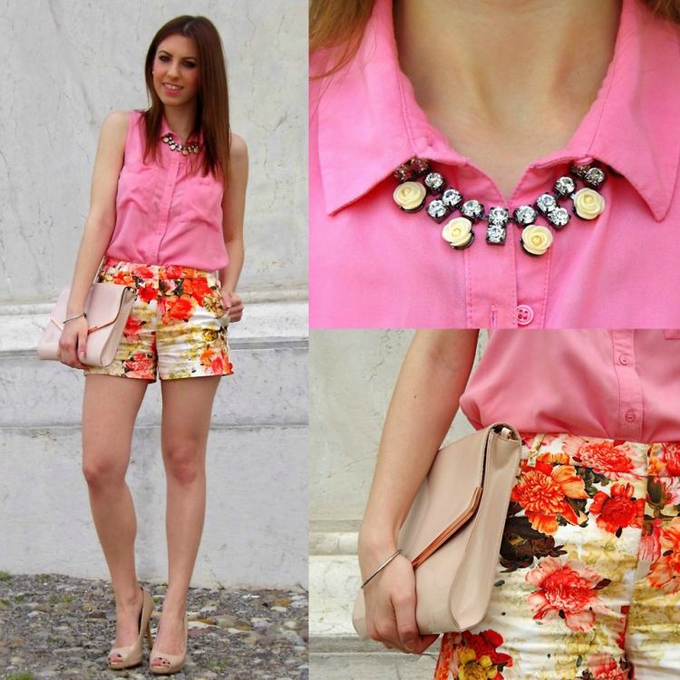 blommig-hotpants-outfit-sommar-rosa-shirt-halsband-clutch