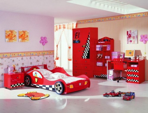 Formel 1 -inredning för barnrum, sängkläder, garderober