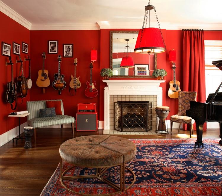 orientaliska levande idéer-levande tillbehör-modern-eklektisk-möblering-röd-persisk-matta-dekoration-gitarrer