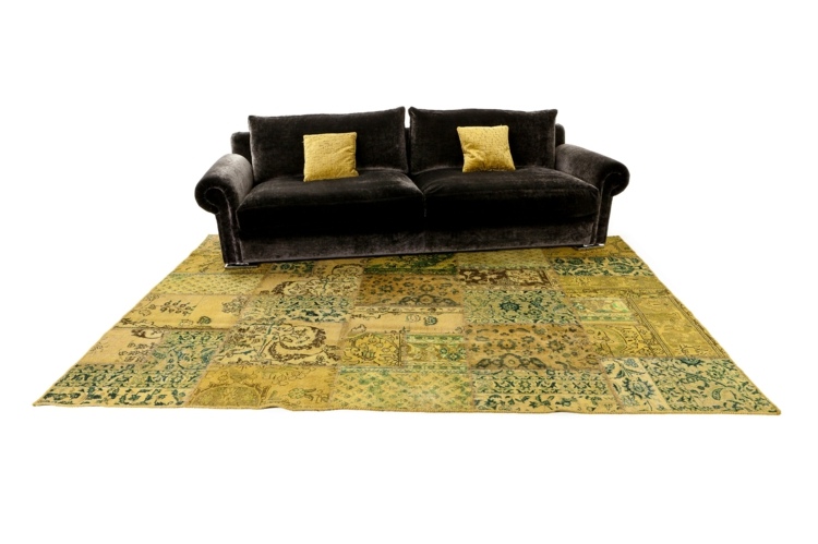 matta lapptäcke grön gul soffa svart gul kuddar ebru vintage