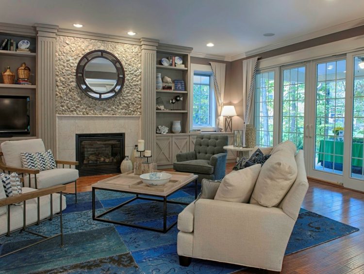 lapptäcke matta blå moderna eleganta möbler vit vardagsrums spis