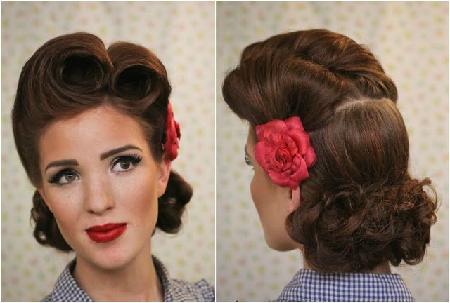 retro-rockabilly-frisyr-1940-talet-röd-blomma-öra