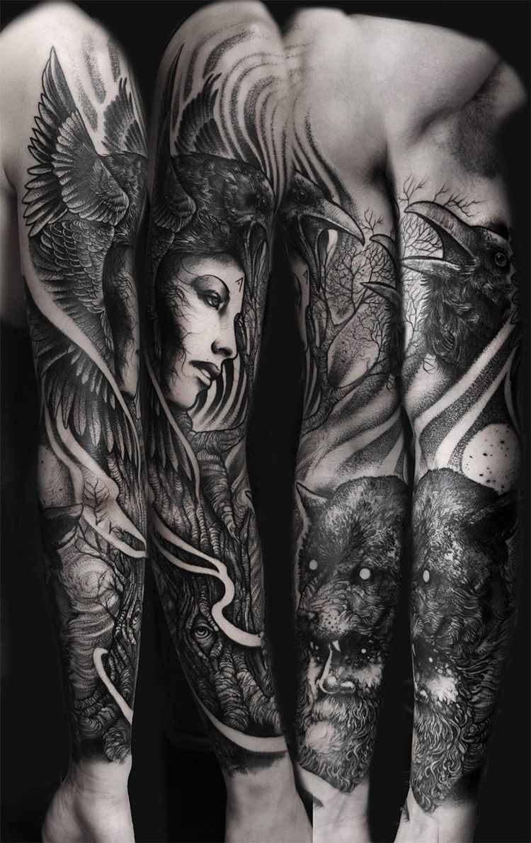 Viking tatuering man helarm ärva korp varg kvinna