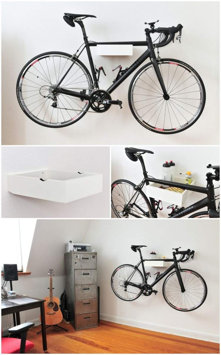 lägenhet-idéer-självgjorda-cykel-väggfäste-trä-vitlackerade