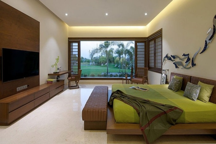 Upphängt-tak-sovrum-trä-förlängning-vägg-grönt-överkast-vägg-dekoration-3d