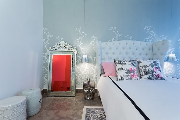 sovrum-konstnärligt designade-säng-klädsel-sänggavel-quiltad-vägg-tapet-mönster