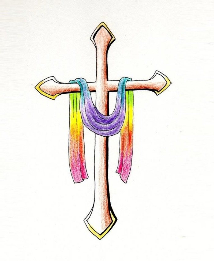 färgad-kors-med-regnbåge-färger-tatuering