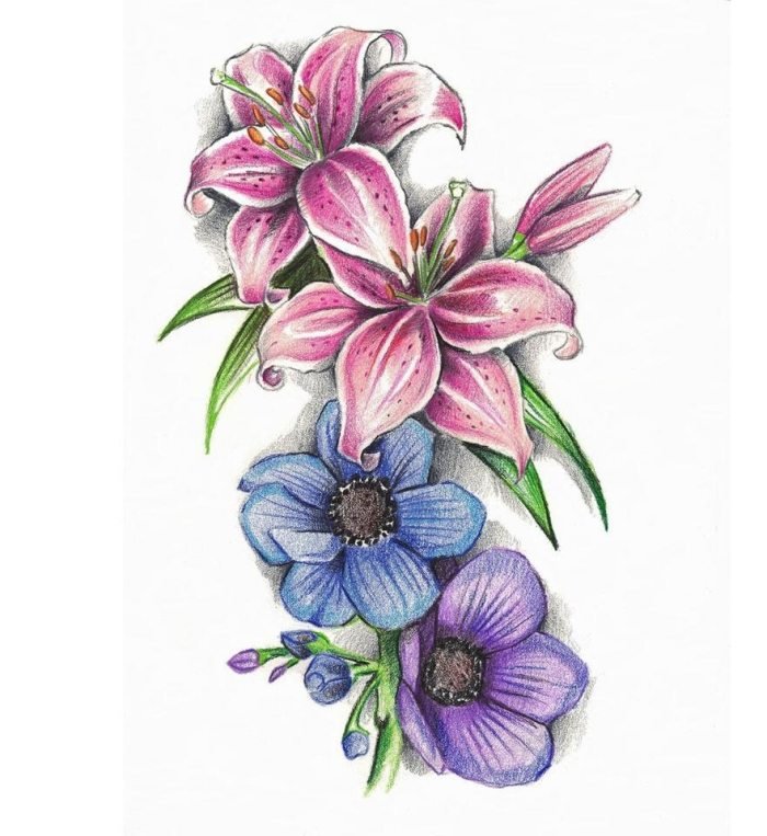 blommotiv-tatuering-mallar-för-kvinnor-färgade
