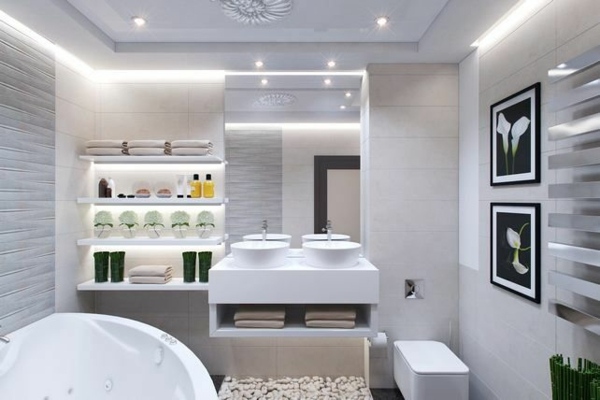 ljusa badrumsdekorationsidéer flodstenar vita badrumsmöbler