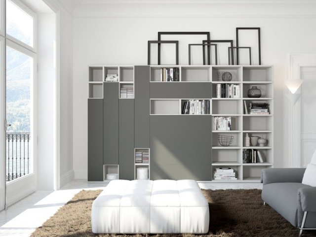 möbleringsidéer-vardagsrum-modern-vägg-enhet-grå-vit-FLEXUS-GIELLESSE