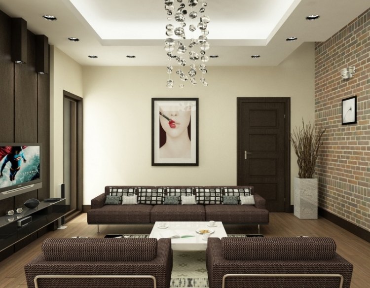 Inredningsidéer för vardagsrummet -brun-soffa-fåtölj-klädsel-foto-fet-modern-kraonchandelier-tv vägg tegelvägg