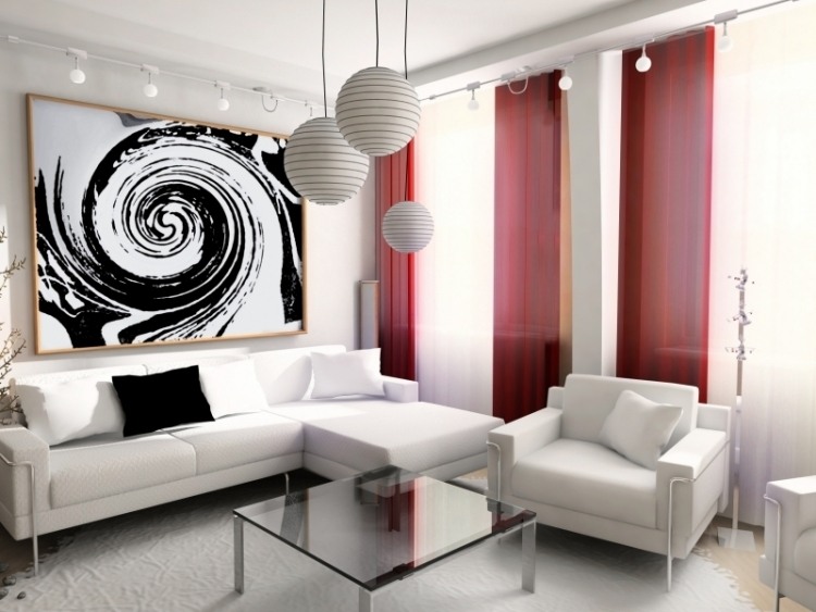 Inredningsidéer för vardagsrummet -svart-vit-bild-spiral-ljus-boll-gardiner-röd-accent-soffbord-glas