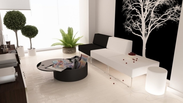 möbleringsidéer-vardagsrum-svart-vit-soffa-sittplatser-moduler-soffbord-högglans-rund-vägg-tatuering-träd-växt-fönster