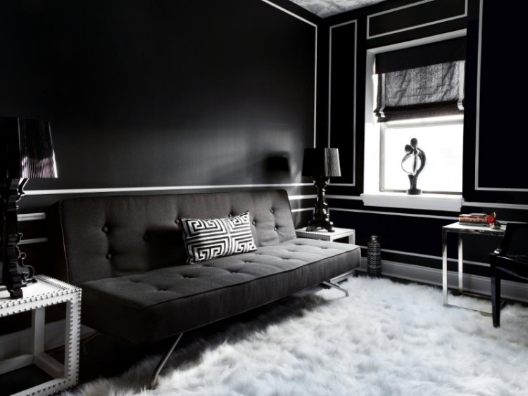 inredning idéer-vardagsrum-svart-vit-päls-matta-mörk-soffa-moderna-figurer