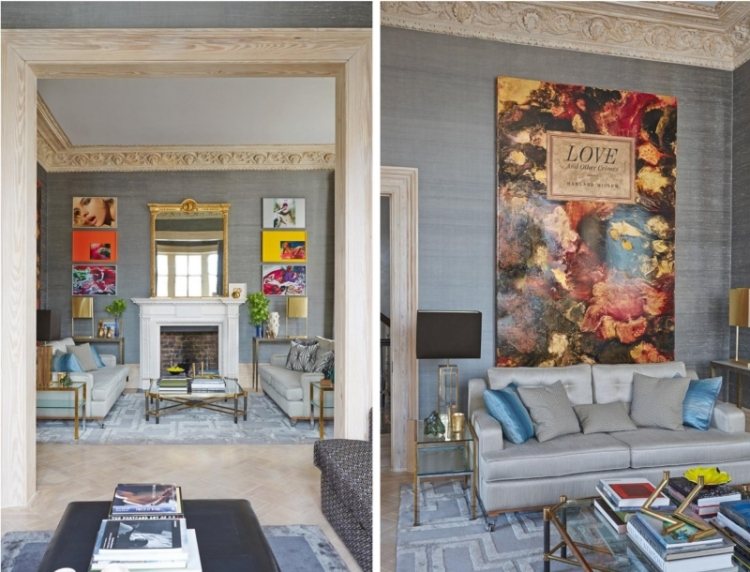 Inredningsidéer för vardagsrummet -grå-mix-konstverk-bilder-modern-soffmatta-soffbord-glasböcker-kuddar-sammet-dekoration