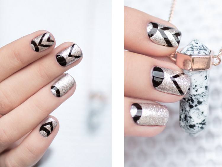nagel-bilder-2016-glitter-nagellack-bas-svart-ränder-geometriska-mönster