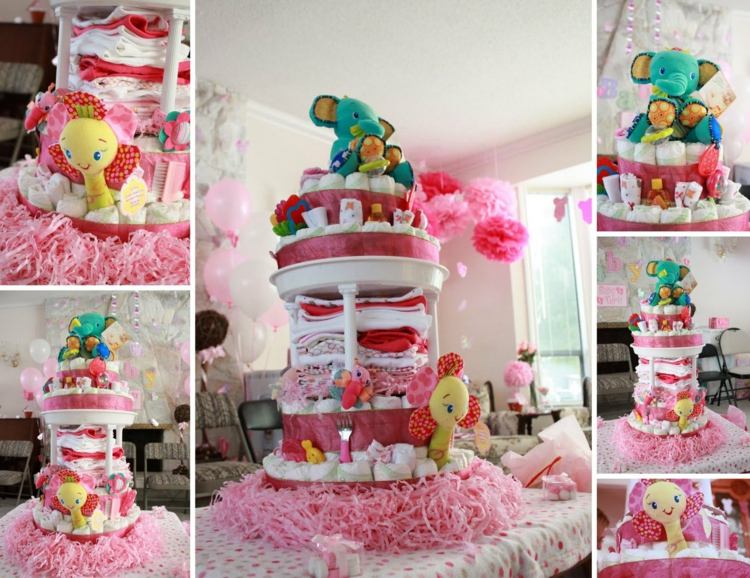 idéer till baby shower gåva tårta baby kläder idé plysch djur