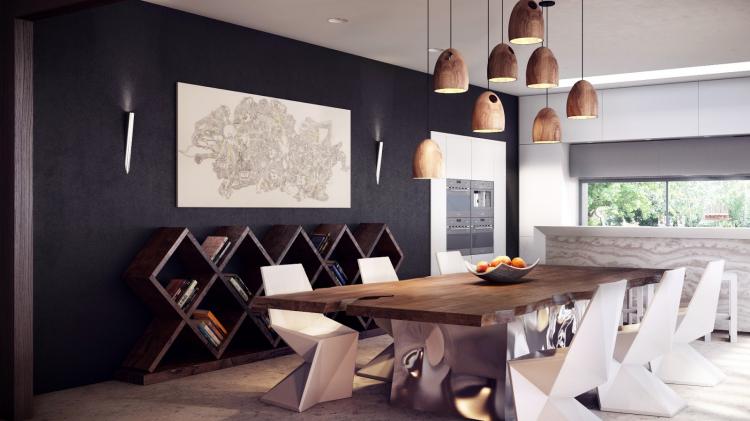 matsal-möbler-design-modern-trä-bord-bas-metall-stolar-vita-geometriska-taklampor