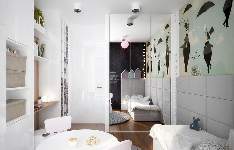 Heminredningstips barnrum-inbyggd garderob-speglade dörrar-enkelsäng-stoppad vägg