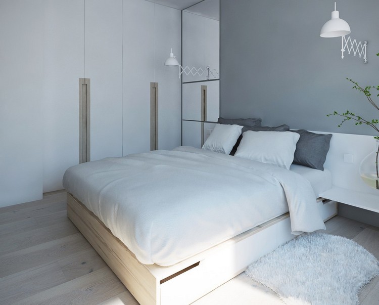 heminredning-idéer-sovrum-grå-accent vägg-låda-säng-inbyggd garderob