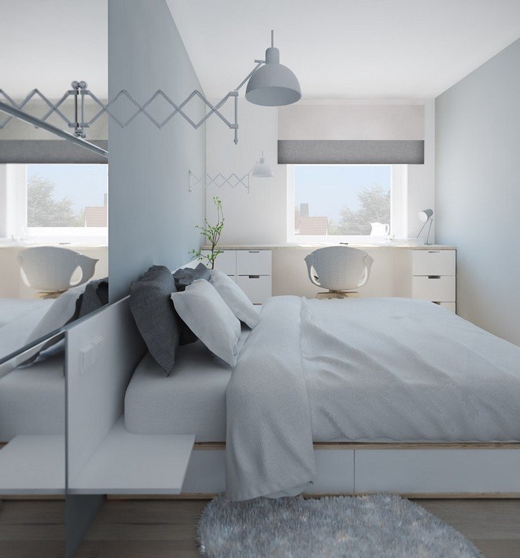 heminredning-idéer-sovrum-låda-säng-skrivbord-vit-grå