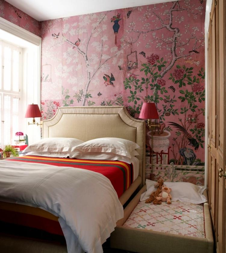 heminredning idéer sovrum tapeter japansk stil rosa sängkräm