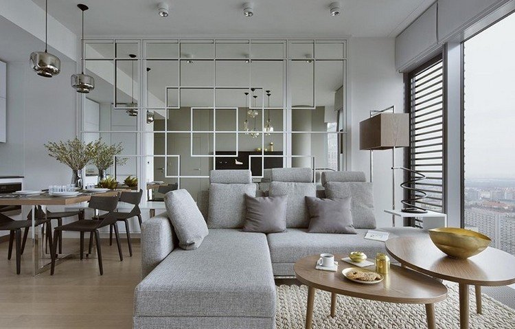 Heminredning idéer vardagsrum-spegel vägg-grå-hörn soffa-trä-soffbord