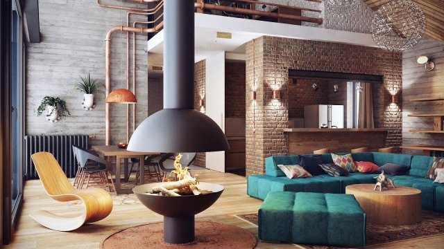 heminredningstips-loft-vardagsrum-industriell stil-öppen spis