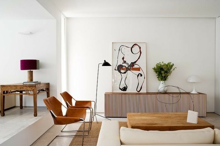 Vardagsrum-på-två-nivå-stoppade-möbler-abstrakt-konst