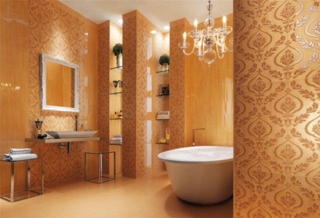 stark-kakel-färger-blommig-motiv-lyx-väggar-i-badrummet-design-idéer-orange