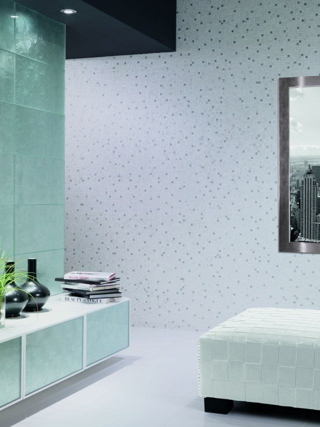 Små format kakel mosaik design idéer badrumsväggar