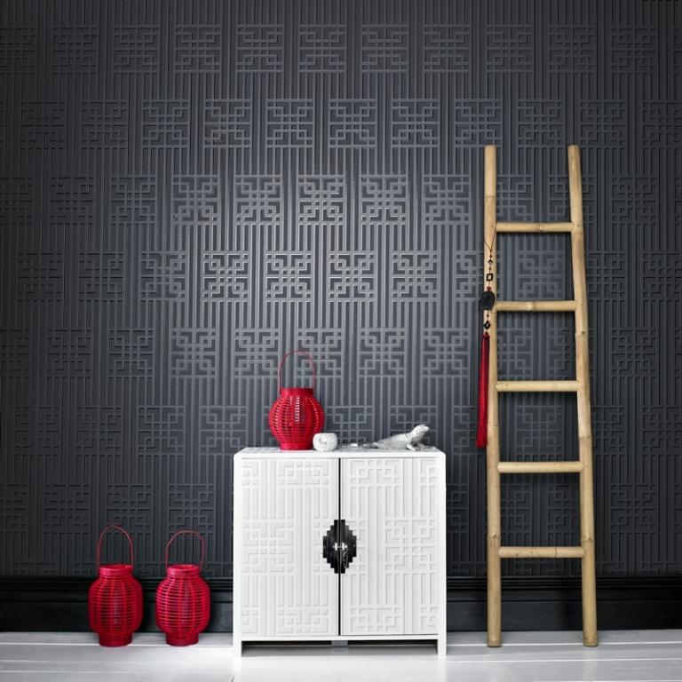 väggdesign idéer mönster kinesisk svart stege garderob lyktor röd