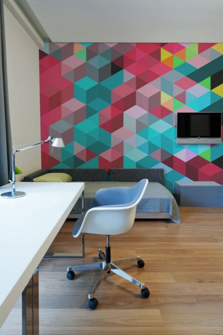 väggdesignidéer geometriska motiv färgglada kontrast kuber sovrum