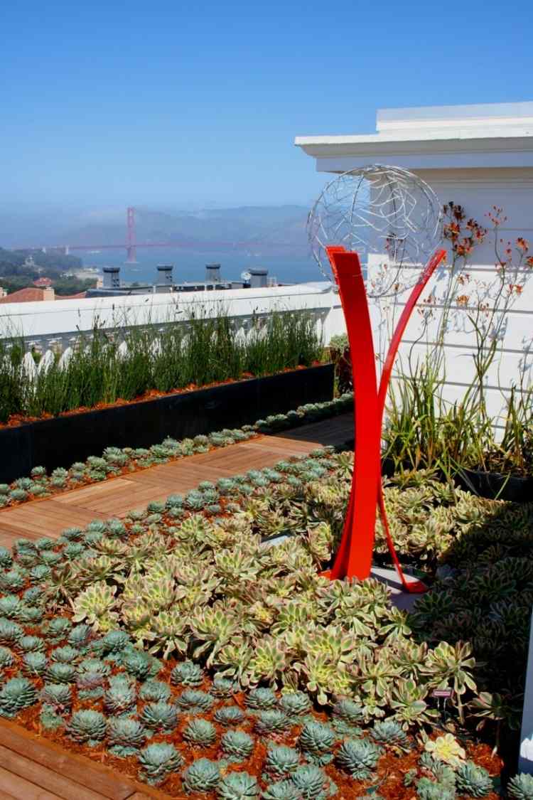 trädgård-idéer-design-tak-terrass-succulenter-husnära-röd-skulptur