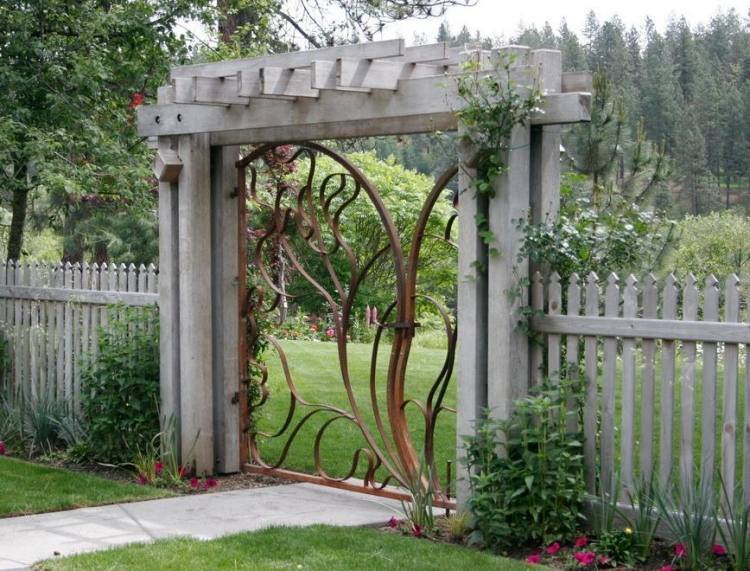 Trädgårdsport-dekorativ-metall-trä-berså