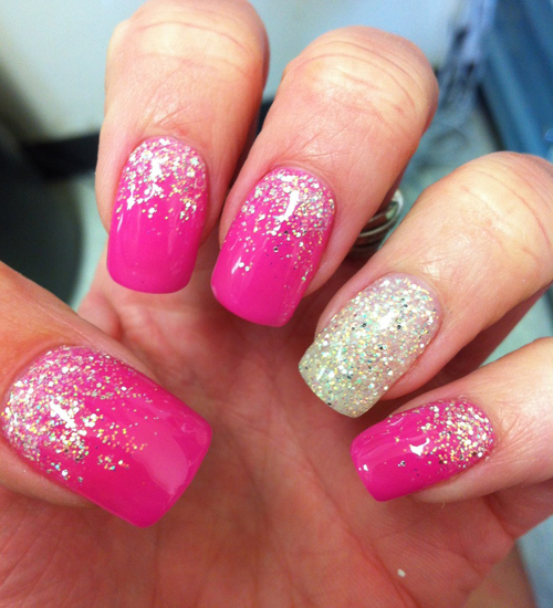 Pink and Faded Glitterred Gel Nail Art Design
